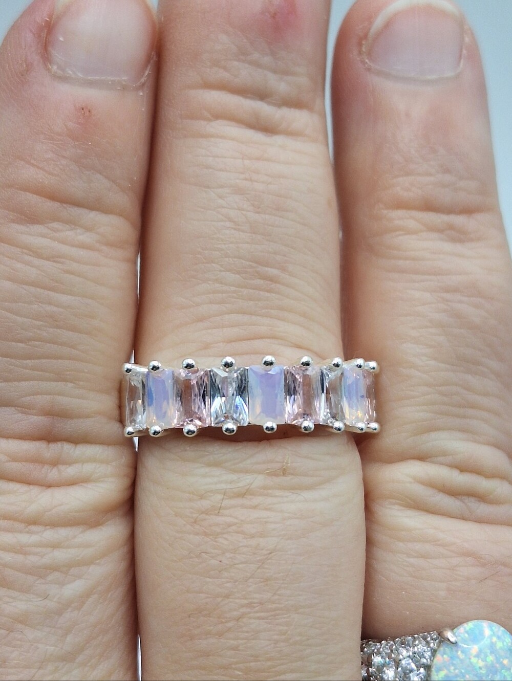 Swarovski Crystal Ring Size 9 Pink Baguette Crystal Band Silver Tone Ring - Picture 6 of 16